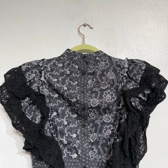 Hunter Bell NYC Black Gray Floral Stripe Eliza Ruffle Lace Top Sz 0 - Picture 8 of 11